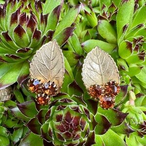 1960's Judy Lee Decadent Salted Caramel Rhinestone and Leaf Clip Earrings